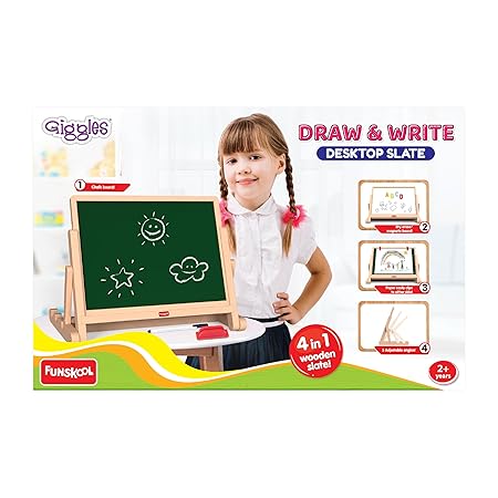 Draw N Write Desktop Slate, 4 in 1 Double Sided Board - Chalk Board & Dry Erase/Magnetic Board, Adjustable Angles, Magnetic Letters and Numbers, 3 Years