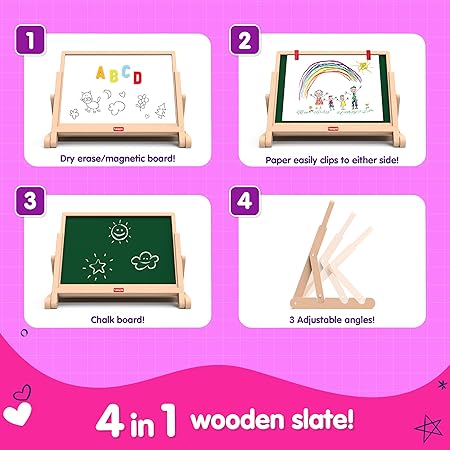 Draw N Write Desktop Slate, 4 in 1 Double Sided Board - Chalk Board & Dry Erase/Magnetic Board, Adjustable Angles, Magnetic Letters and Numbers, 3 Years