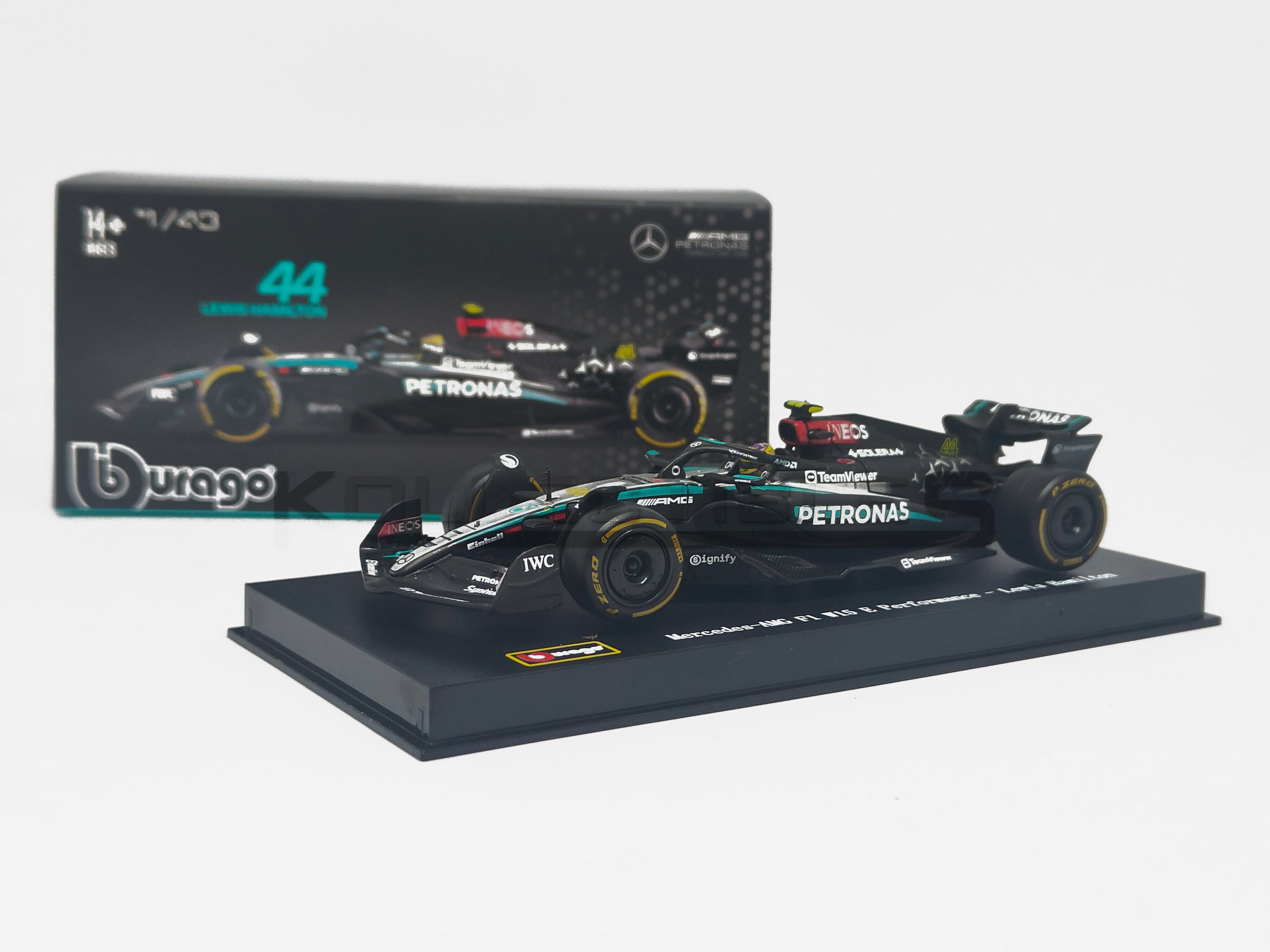 Mercedes AMG W-15 Formula 1 2024 Lewis Hamilton 1:43 scale model car with Acrylic case - Bburago