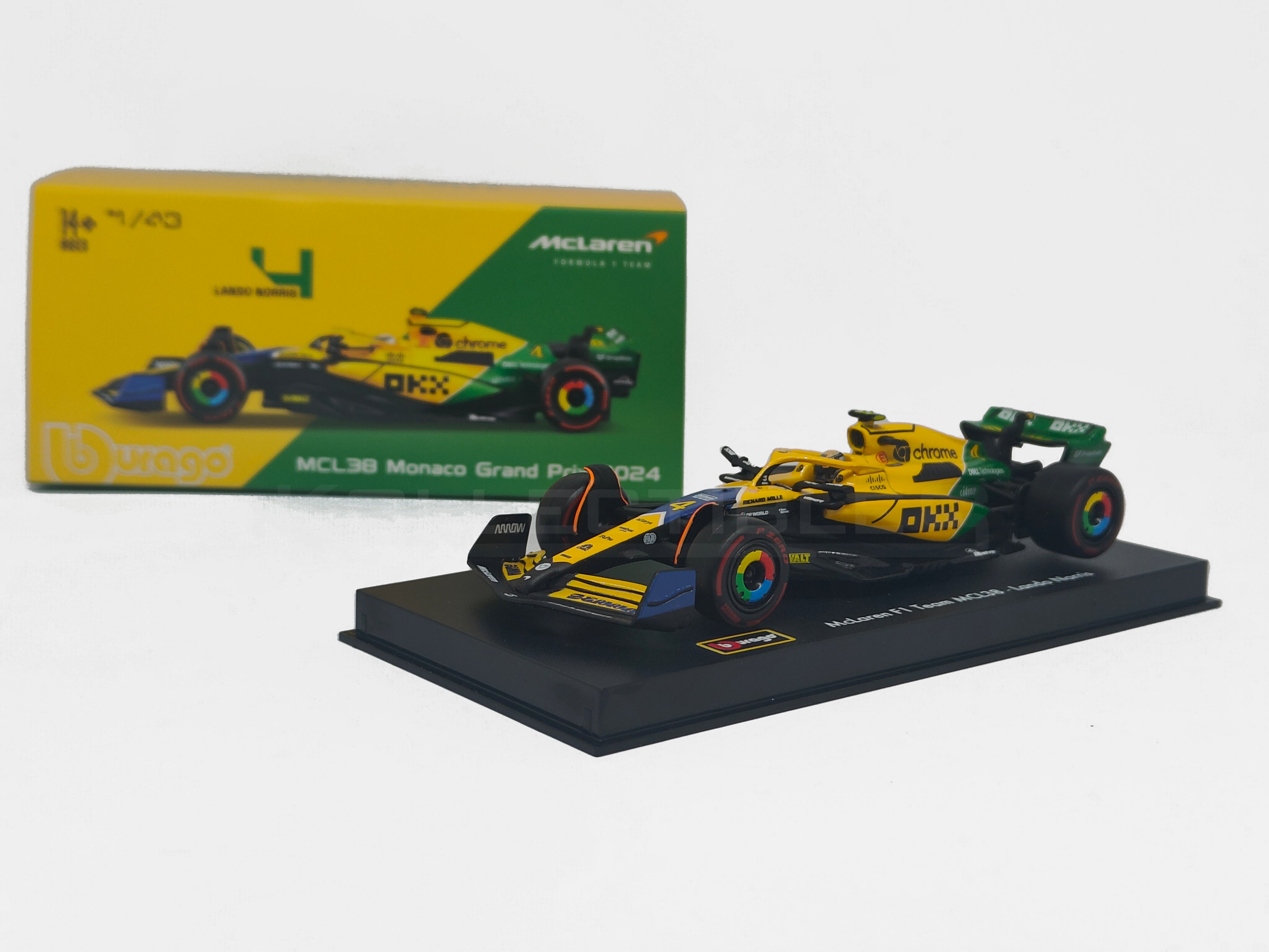 Mclaren Team MCL38 Formula 1 2024 Lando Norris 1:43 scale model car with Acrylic case - Bburago